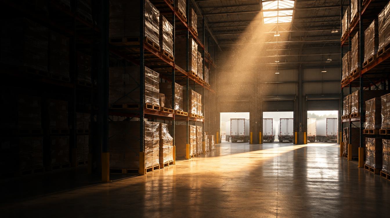 Sunlight streaming into a distribution warehouse, between storage racks and loading docks