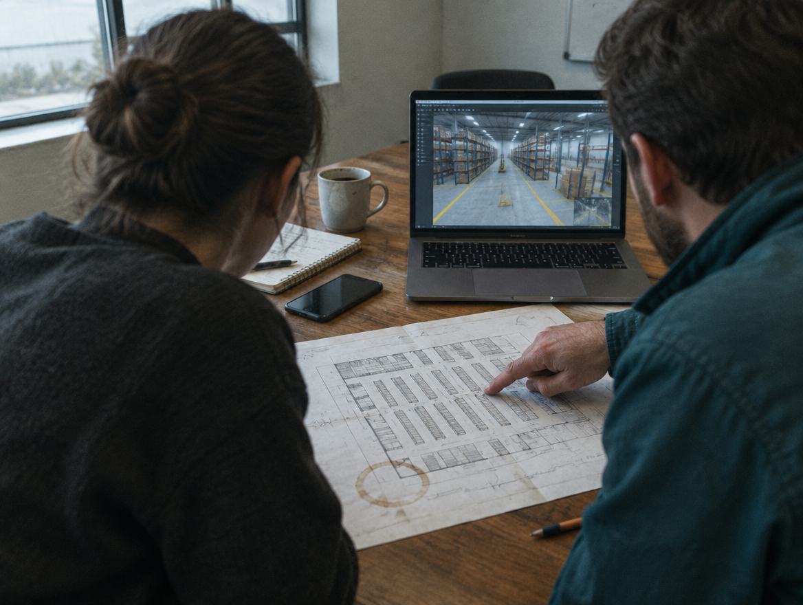 A salesperson and customer reviewing a warehouse plan
