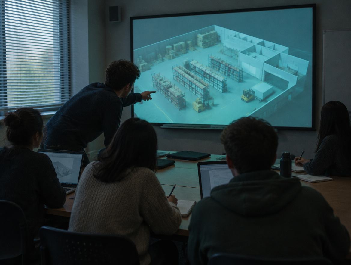 Students reviewing a 3D warehouse layout