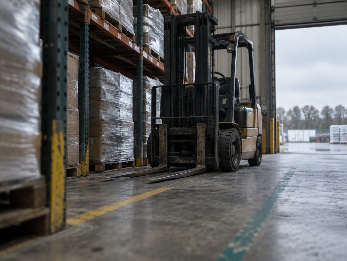 A forklift at the end of a racking aisle